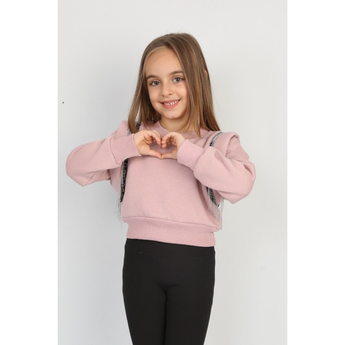 Üç İplik Şardonlu Omuz Detaylı Kız Çocuk Günlük Crop Sweatshirt