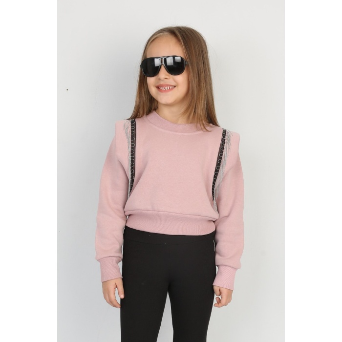 Üç İplik Şardonlu Omuz Detaylı Kız Çocuk Günlük Crop Sweatshirt