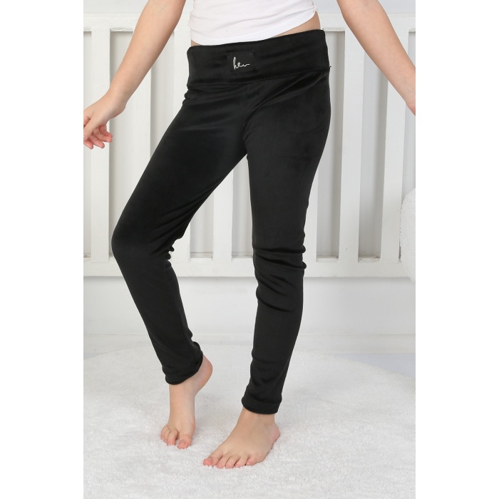 Likralı Kadife Kumaş Arma Detaylı Kız Çocuk Günlük Tayt