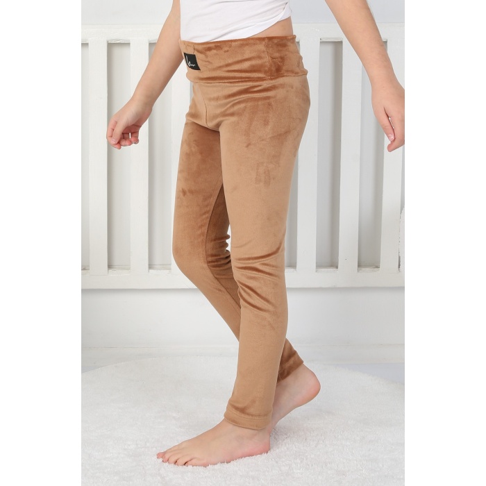 Likralı Kadife Kumaş Arma Detaylı Kız Çocuk Günlük Tayt