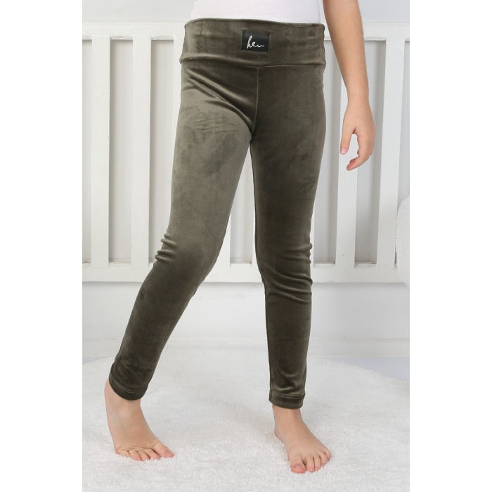 Likralı Kadife Kumaş Arma Detaylı Kız Çocuk Günlük Tayt