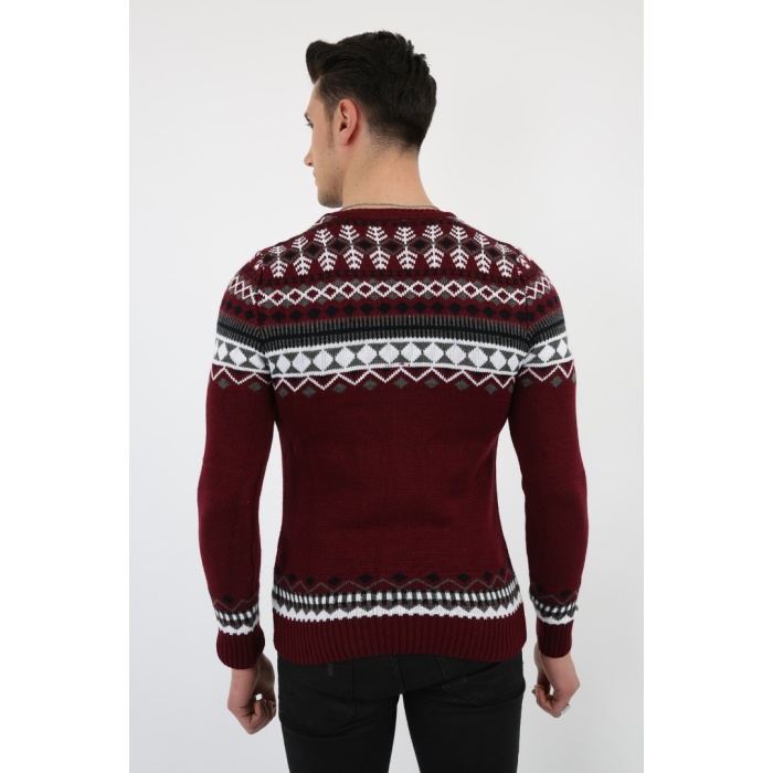 Karışık Desenli Bordo Kalın Kışlık Günlük Triko Kazak