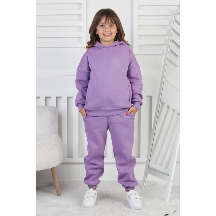 Şardonlu 3 İplik Baskılı Kapşonlu Kız Çocuk Takım