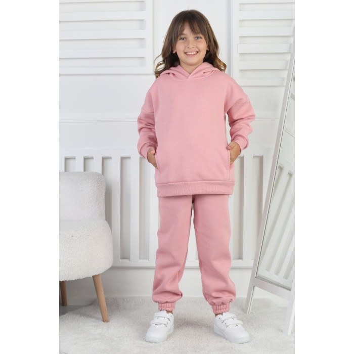 Şardonlu 3 İplik Baskılı Kapşonlu Kız Çocuk Takım