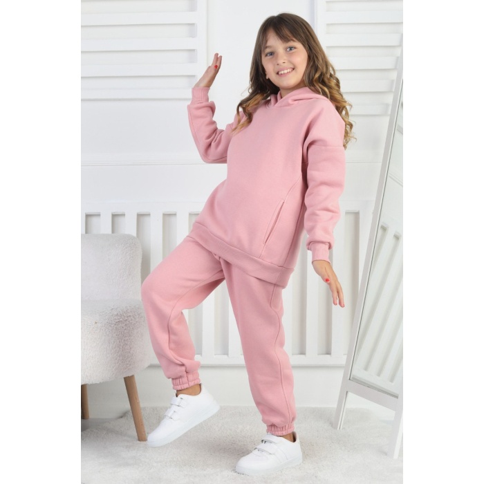 Şardonlu 3 İplik Baskılı Kapşonlu Kız Çocuk Takım