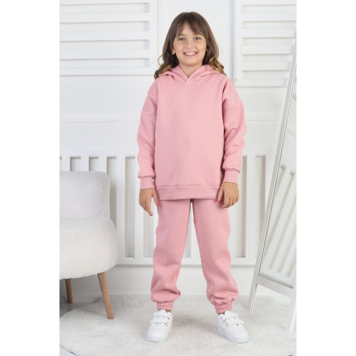 Şardonlu 3 İplik Baskılı Kapşonlu Kız Çocuk Takım