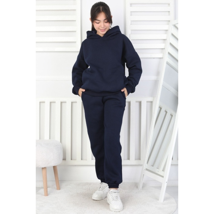 Şardonlu 3 İplik Baskılı Kapşonlu Kız Çocuk Takım