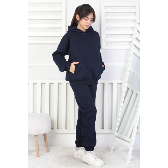 Şardonlu 3 İplik Baskılı Kapşonlu Kız Çocuk Takım