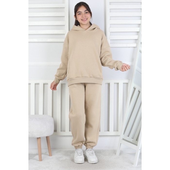 Şardonlu 3 İplik Baskılı Kapşonlu Kız Çocuk Takım