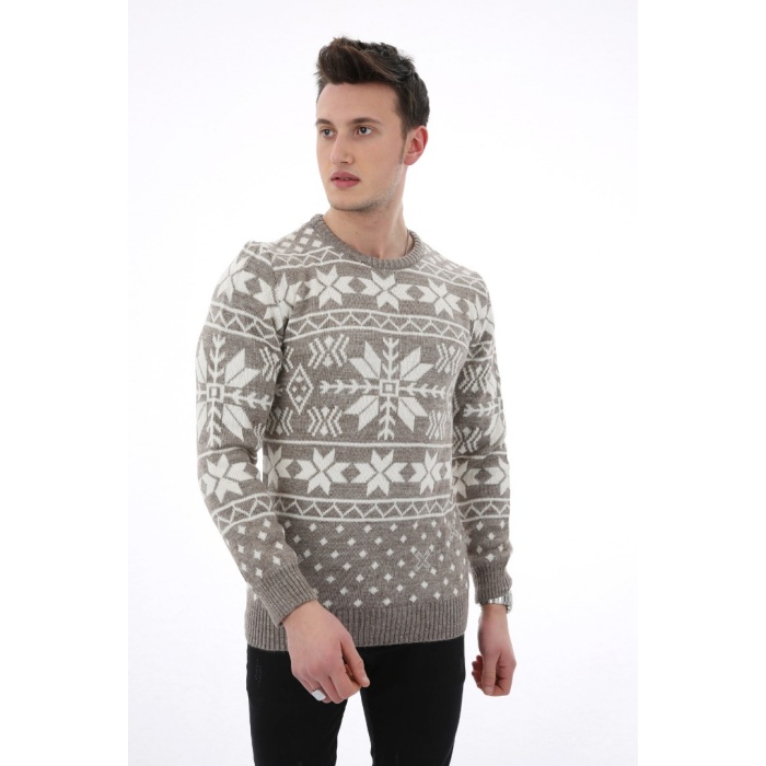 Noktalı Desenli Kahve Kalın Kışlık Günlük Triko Kazak