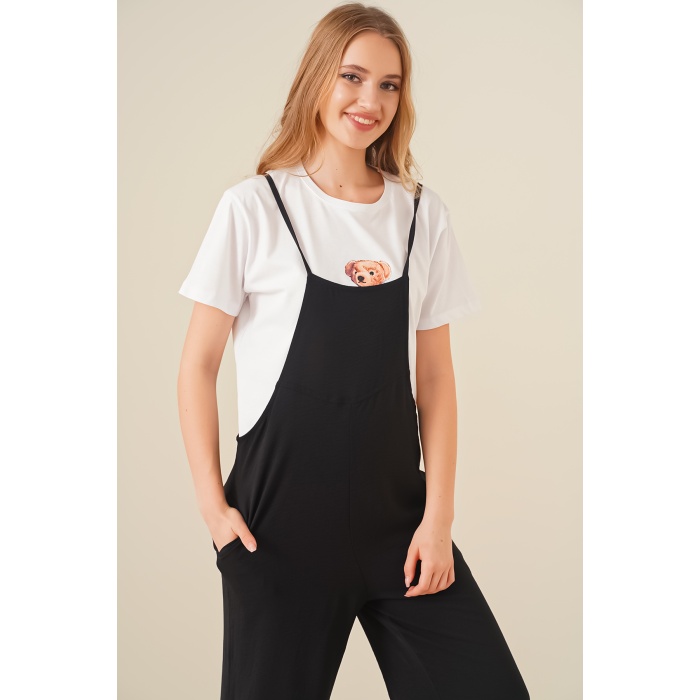 7019 Askılı Bahçivan Tulum - Siyah