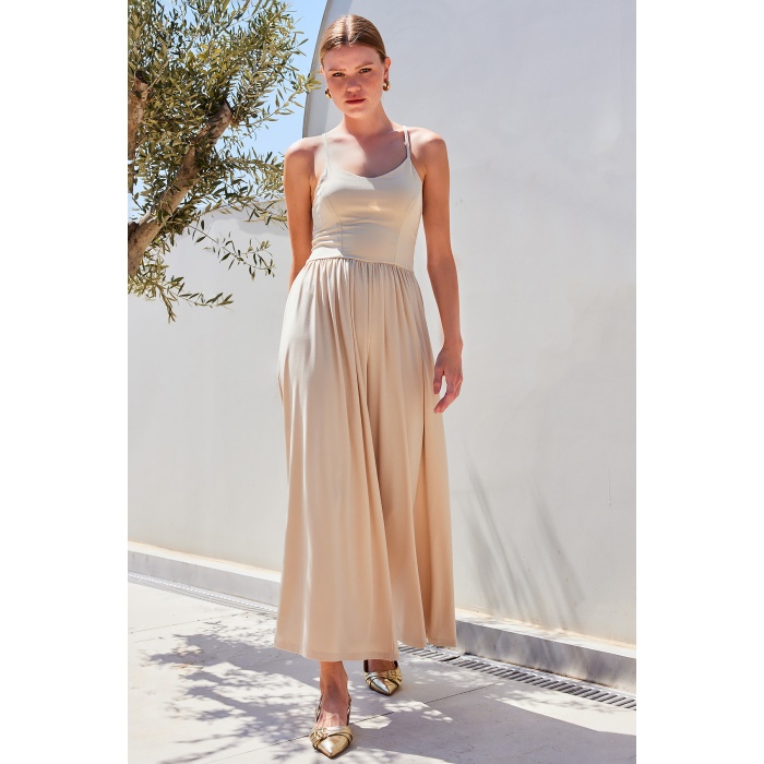 7029 Bol Paça Askılı Tulum - Bej