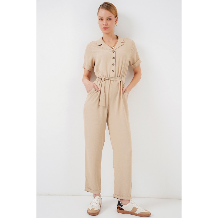 Kadın Kısa Kol Ayrobin Tulum 7030 - Krem