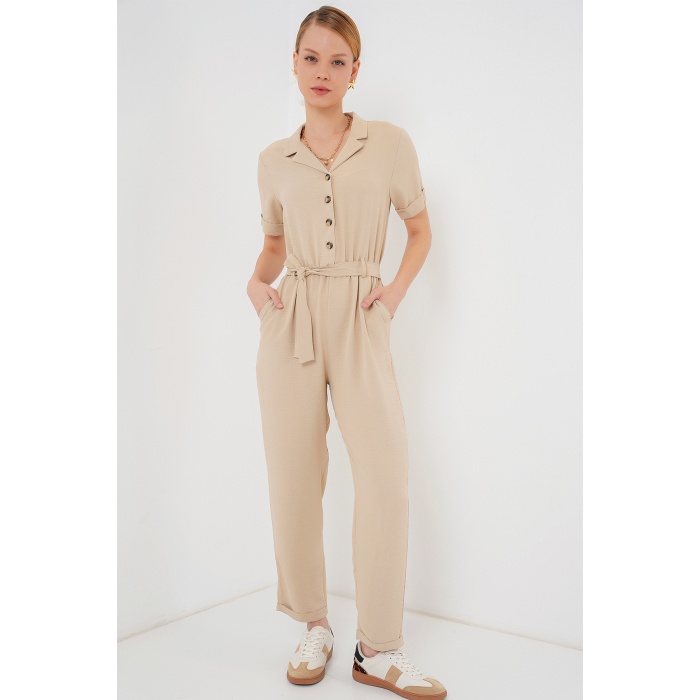 Kadın Kısa Kol Ayrobin Tulum 7030 - Krem