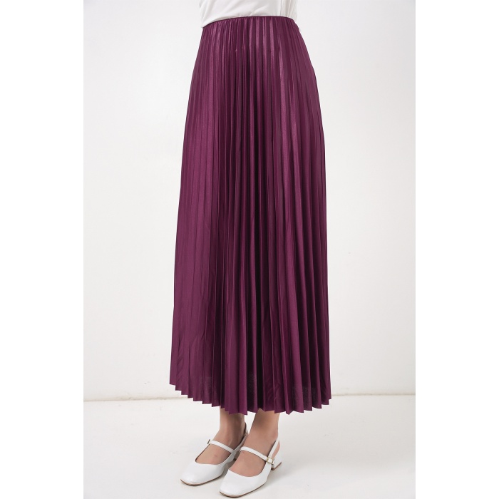 8009 Deri Görünümlü Piliseli Etek - Mor