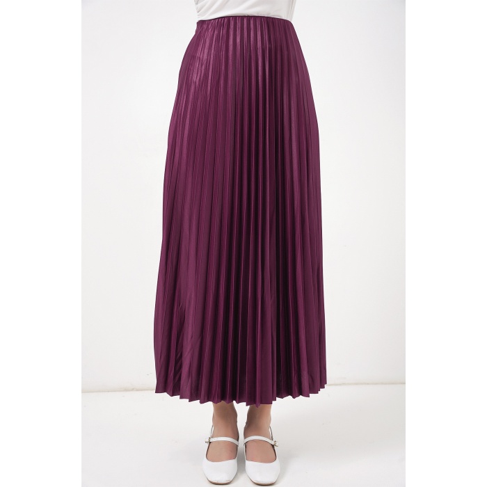 8009 Deri Görünümlü Piliseli Etek - Mor