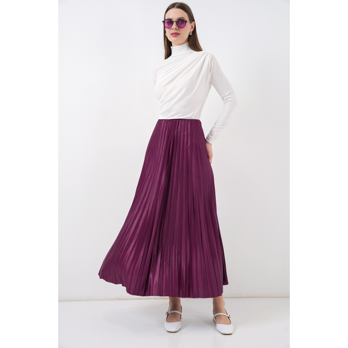 8009 Deri Görünümlü Piliseli Etek - Mor