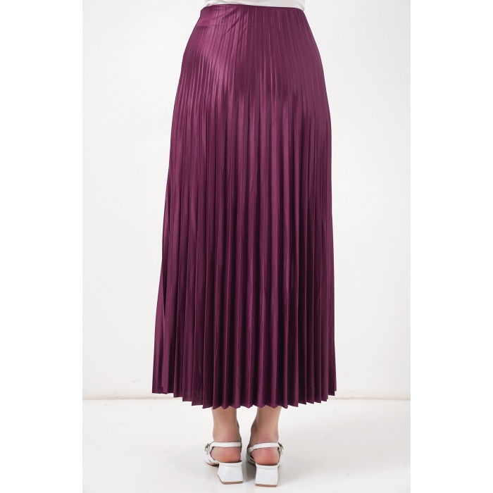8009 Deri Görünümlü Piliseli Etek - Mor