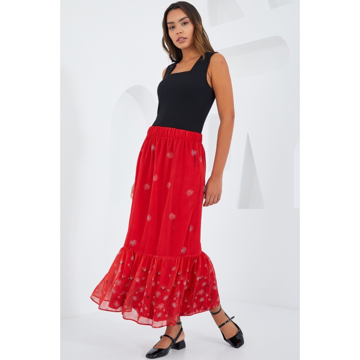 Kadın Kırmızı Desenli Şifon Etek 8010