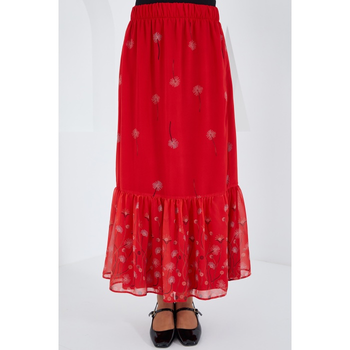 Kadın Kırmızı Desenli Şifon Etek 8010