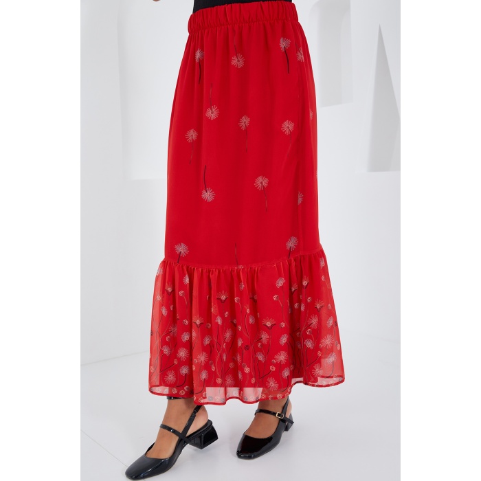 Kadın Kırmızı Desenli Şifon Etek 8010