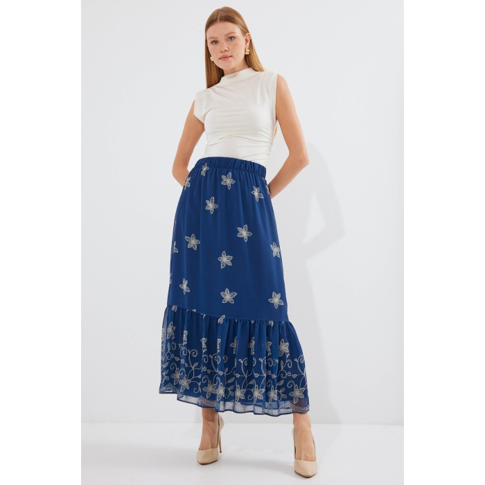 Kadın Lacivert Desenli Şifon Etek 8010
