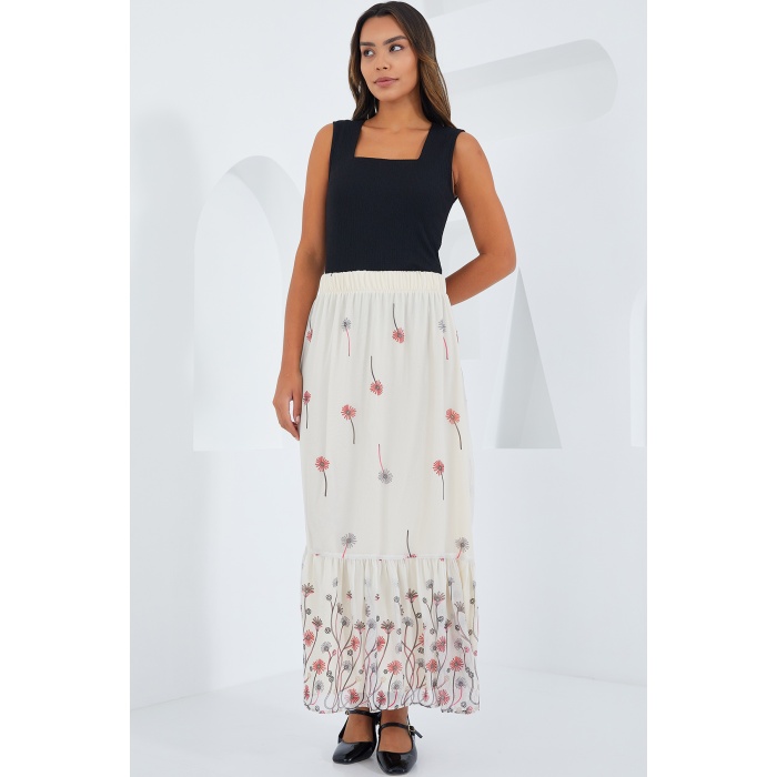 Kadın Ekru Desenli Şifon Etek 8010