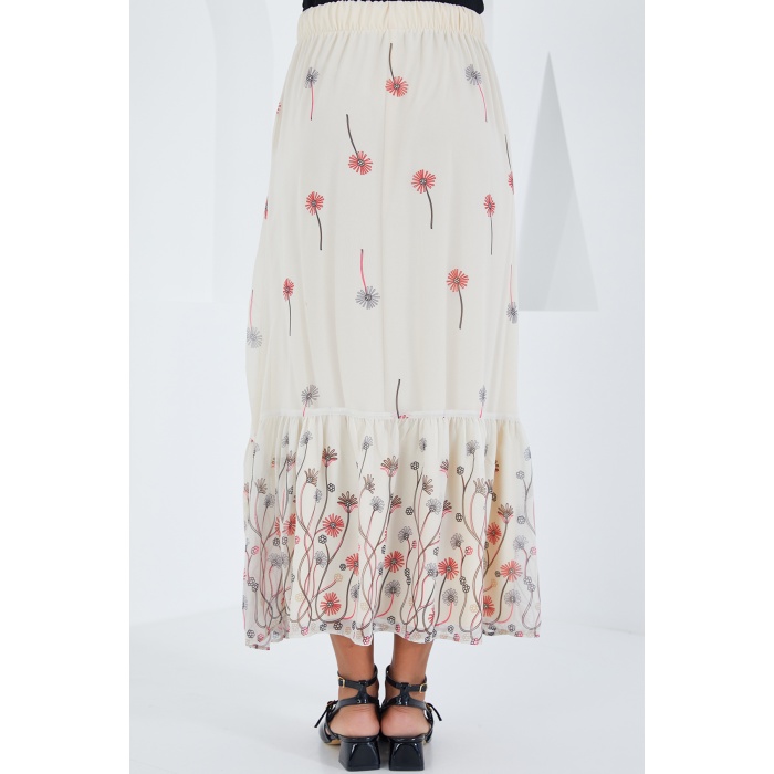 Kadın Ekru Desenli Şifon Etek 8010