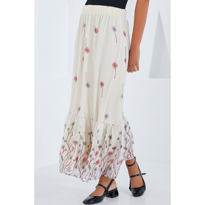 Kadın Ekru Desenli Şifon Etek 8010