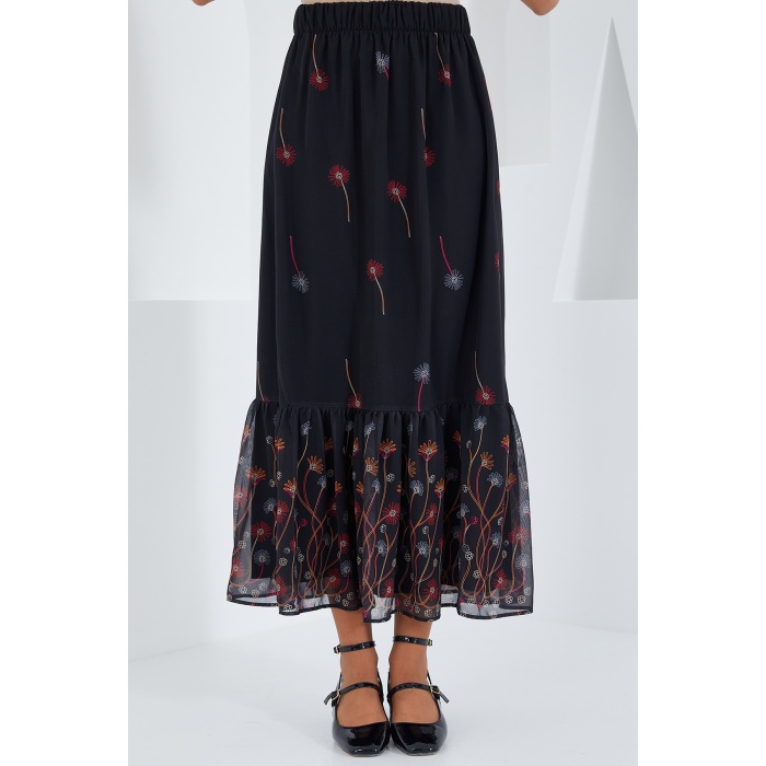 Kadın Siyah Turuncu Desenli Şifon Etek 8010