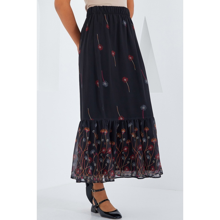 Kadın Siyah Turuncu Desenli Şifon Etek 8010