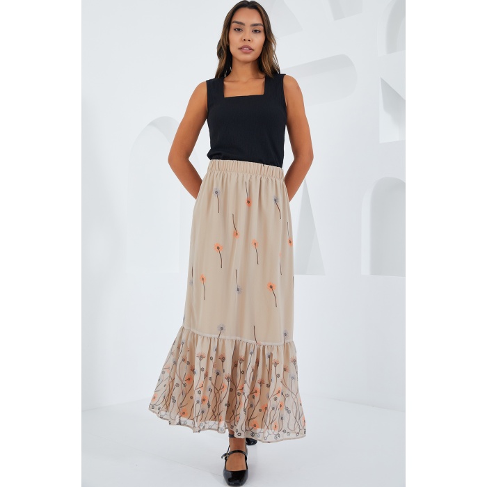 Kadın Krem Desenli Şifon Etek 8010