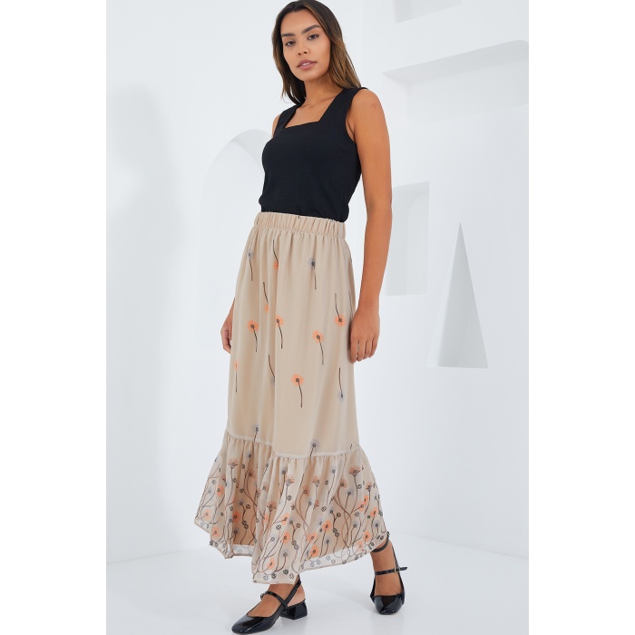 Kadın Krem Desenli Şifon Etek 8010
