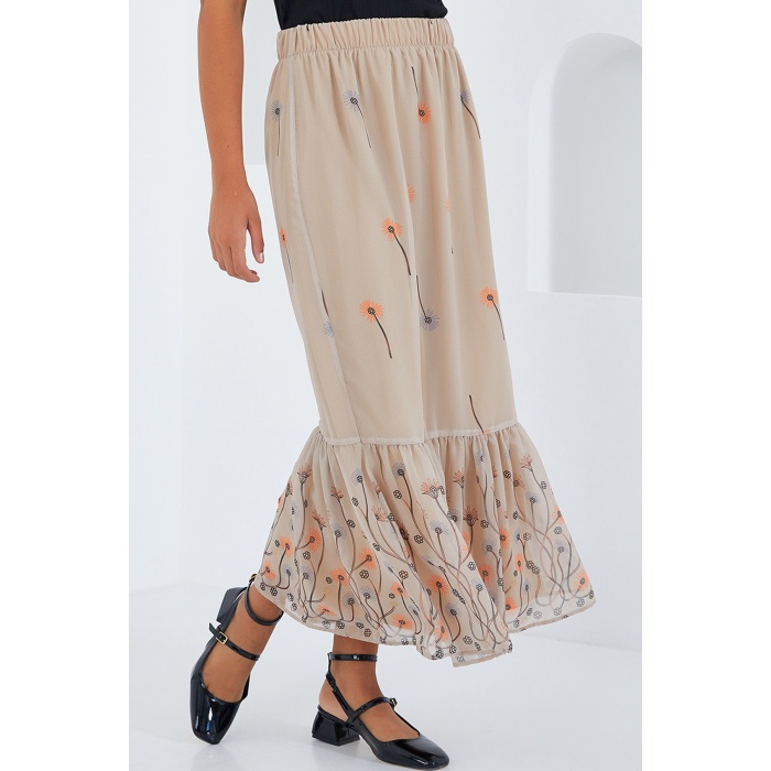 Kadın Krem Desenli Şifon Etek 8010
