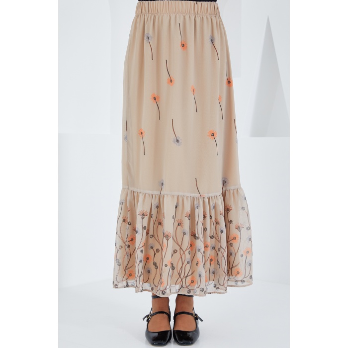 Kadın Krem Desenli Şifon Etek 8010