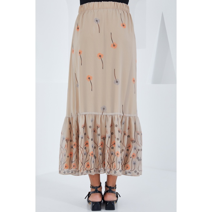 Kadın Krem Desenli Şifon Etek 8010