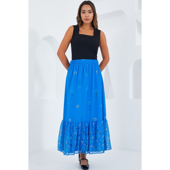 Kadın Saks Desenli Şifon Etek 8010