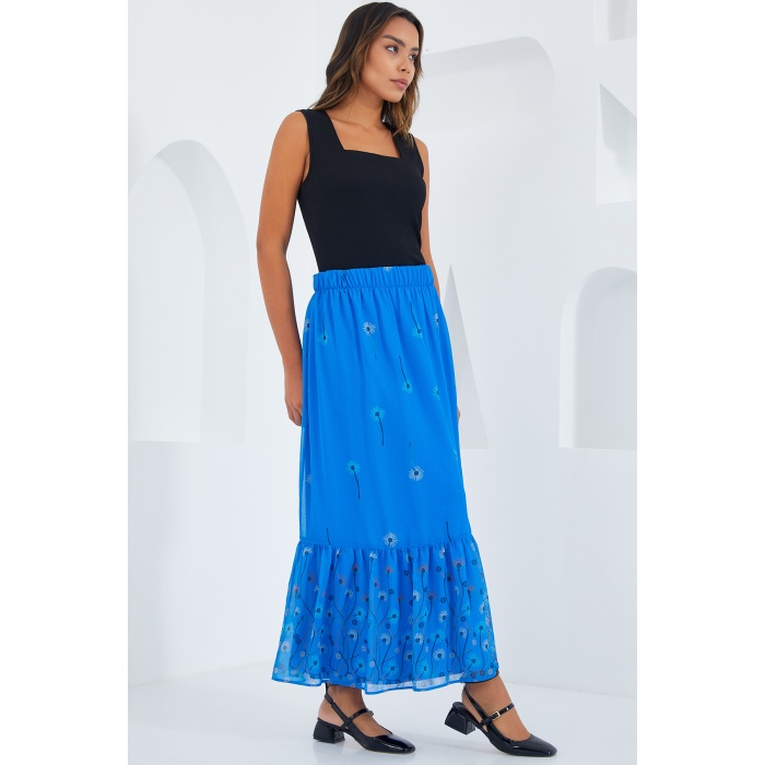 Kadın Saks Desenli Şifon Etek 8010