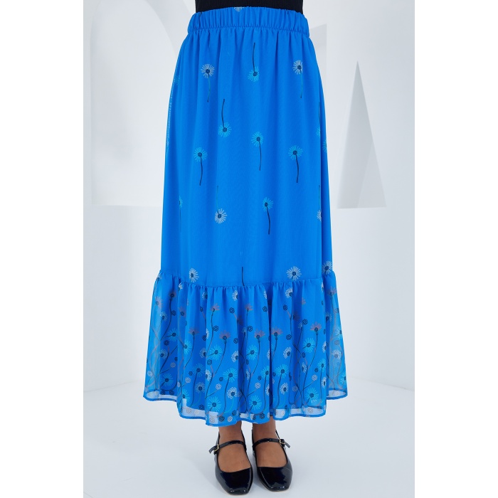 Kadın Saks Desenli Şifon Etek 8010