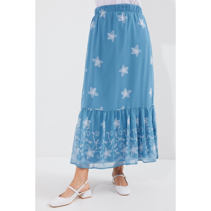 8010 Desenli Şifon Etek - İndigo