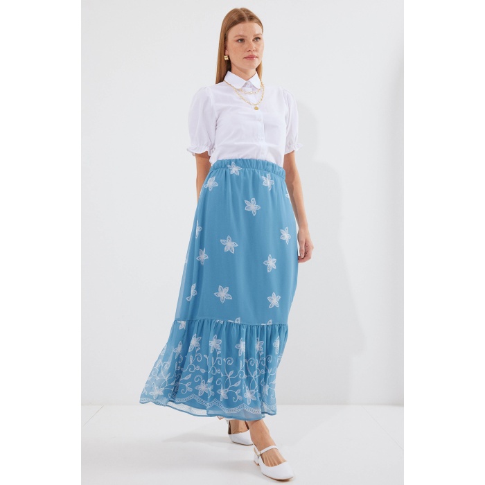 8010 Desenli Şifon Etek - İndigo