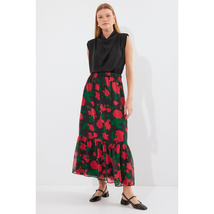 8010 Desenli Şifon Etek - F. Siyah