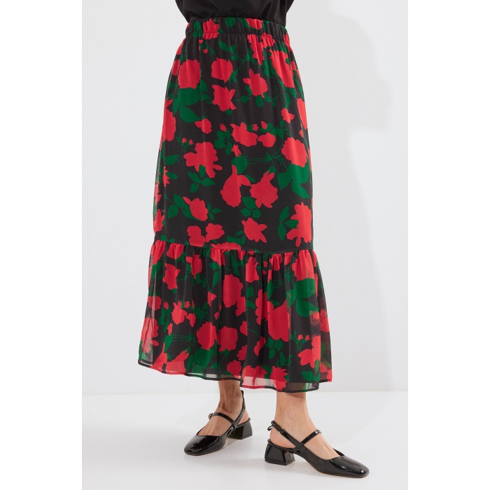 8010 Desenli Şifon Etek - F. Siyah