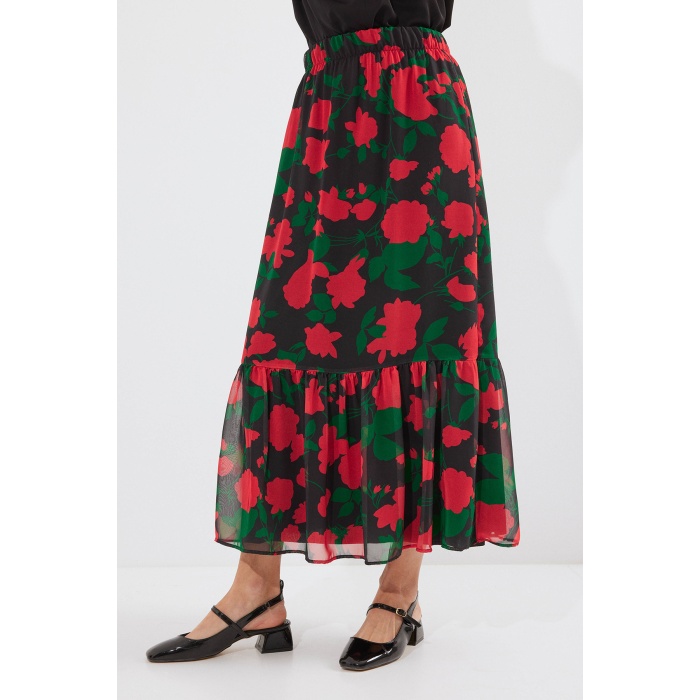 8010 Desenli Şifon Etek - F. Siyah