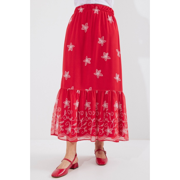 8010 Desenli Şifon Etek - A.Kırmızı