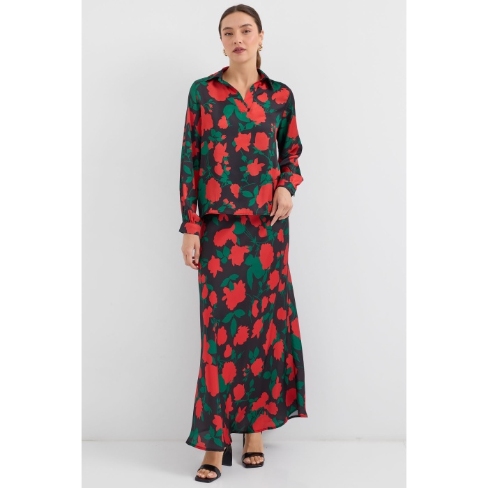 Kadın Siyah Kırmızı Desenli Saten İkili Takım 8018