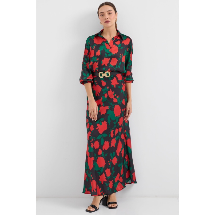 Kadın Siyah Kırmızı Desenli Saten İkili Takım 8018