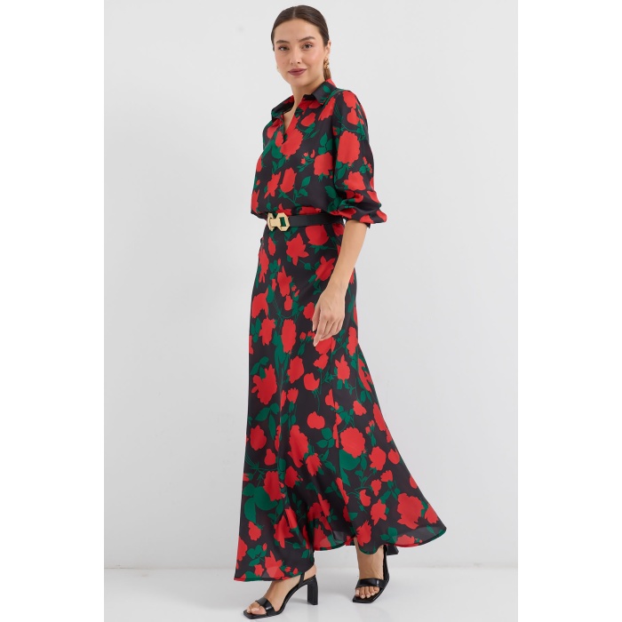 Kadın Siyah Kırmızı Desenli Saten İkili Takım 8018