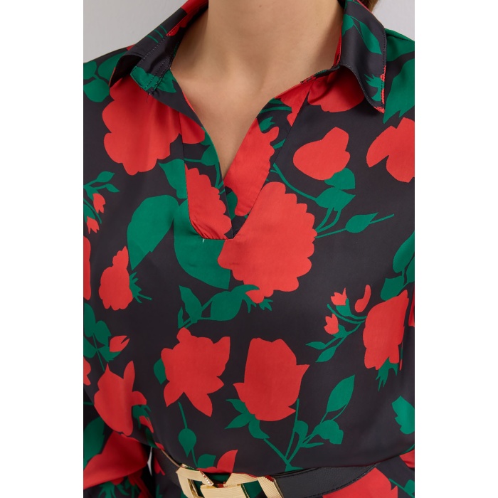 Kadın Siyah Kırmızı Desenli Saten İkili Takım 8018