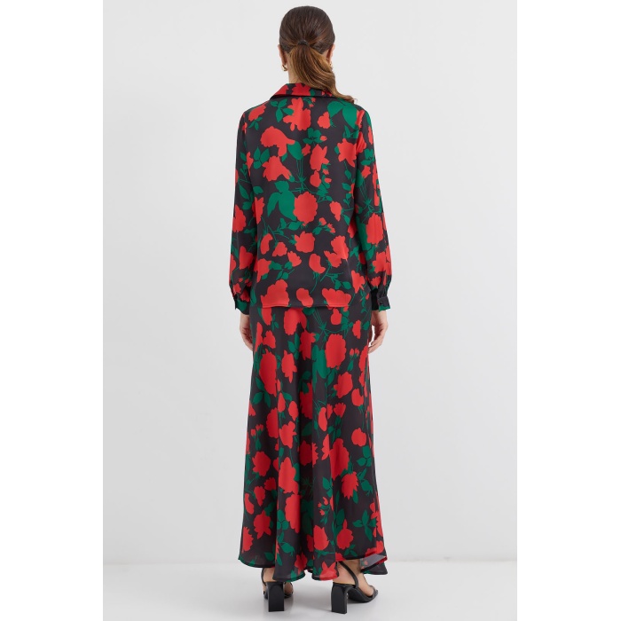 Kadın Siyah Kırmızı Desenli Saten İkili Takım 8018